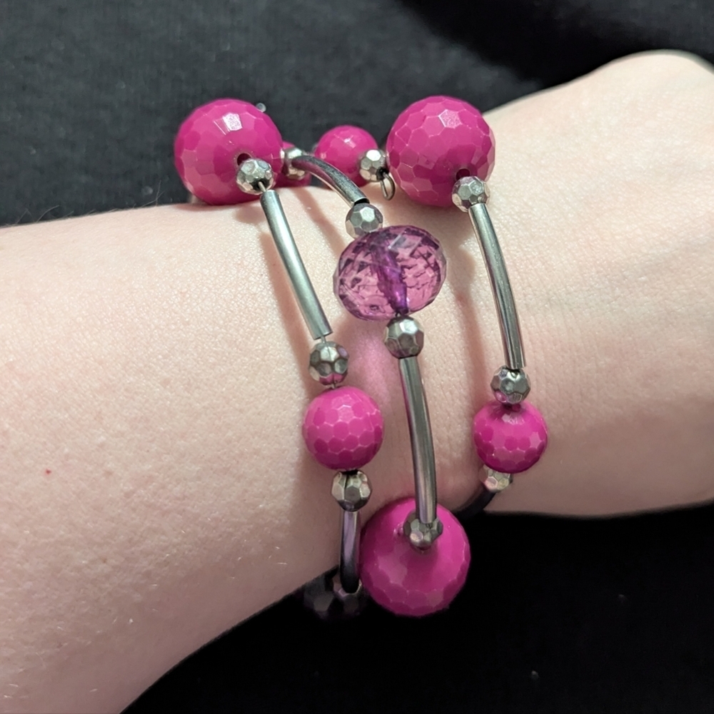 Silver Tone Purple Beaded Memory Wire Wrapped Bangle Statement Bracelet